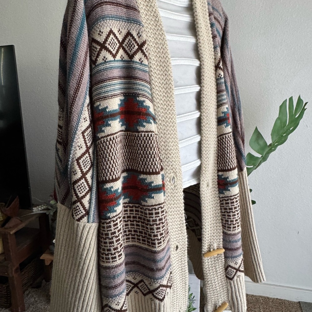 American Rag Cream and Brown Cardigan with Geometric Patterns